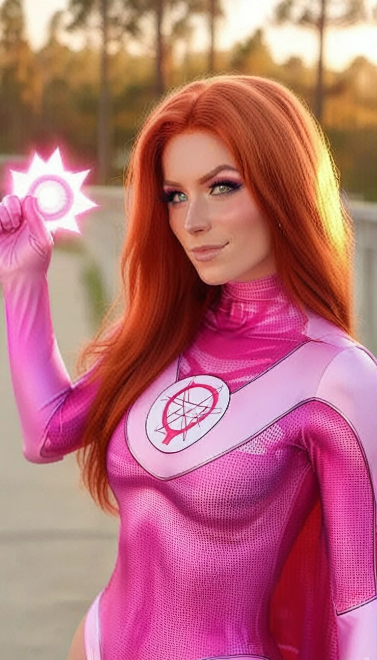 a one woman, redhead big hair, pink superhero suit with pink cape, forest background, dramatic pink ball lightning from hands, bright pink handle,  detailedeyes, highy detailed, fot, ultra sharp, film, bokeh, proffesional, 4K  