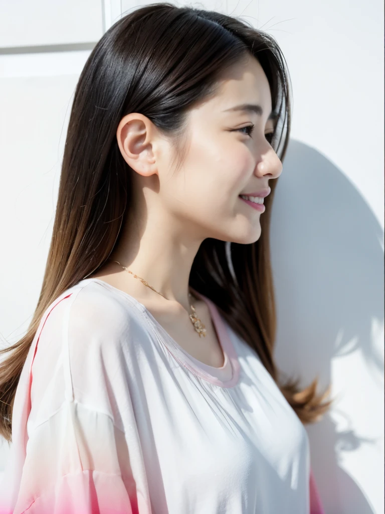 Tabletop、Highest quality、shape、 Very detailed、High resolution、8K Wallpaper Beautiful Detailed Ideas Hair、Natural color lip、smile、Harajuku、30-year-old woman、cute、No chest、White wall、In front of a white door、(窓のあるWhite wallの部屋)、Various poses、break (Ombre:1.3) 、Simple Necklace、Spring Clothes、Pastel long sleeve dress、(Beautiful profile:1.3)、Don't look at the camera、profile、Shortcuts、short hair