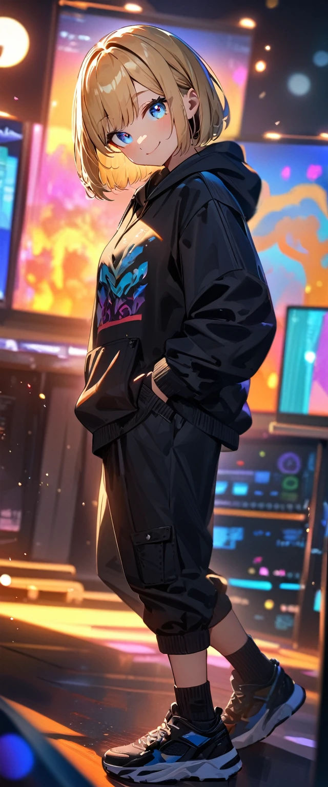 (((One girl))), blond hair, bob cut, (looking at viewer), breasts, teenager, head tilt:1.3, (((blue eye))), (from side), hand in pocket, ((happy smile)), black hoodie, black shorts, dark high cut sneakers, black ankle socks, anime style, (best quality, 4k, 8k, highres, masterpiece:1.2, ultra-detailed, ultra-detailed eyes, HDR, UHD, studio lighting, ultra-fine painting, sharp focus, physically-based rendering, extreme detail description, professional, vivid colors, bokeh)