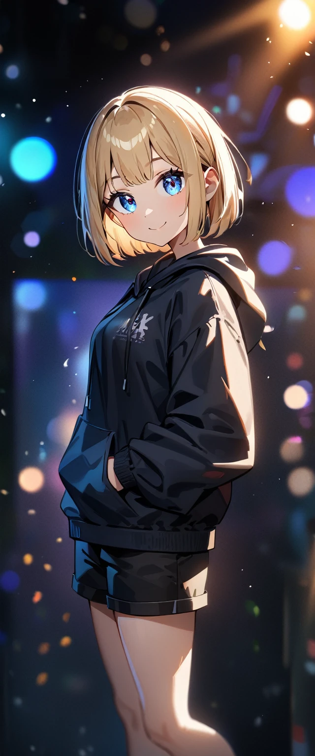 (((One girl))), blond hair, bob cut, (looking at viewer), breasts, teenager, head tilt:1.3, (((blue eye))), (from side), hand in pocket, ((happy smile)), black hoodie, black shorts, dark high cut sneakers, black ankle socks, anime style, (best quality, 4k, 8k, highres, masterpiece:1.2, ultra-detailed, ultra-detailed eyes, HDR, UHD, studio lighting, ultra-fine painting, sharp focus, physically-based rendering, extreme detail description, professional, vivid colors, bokeh)