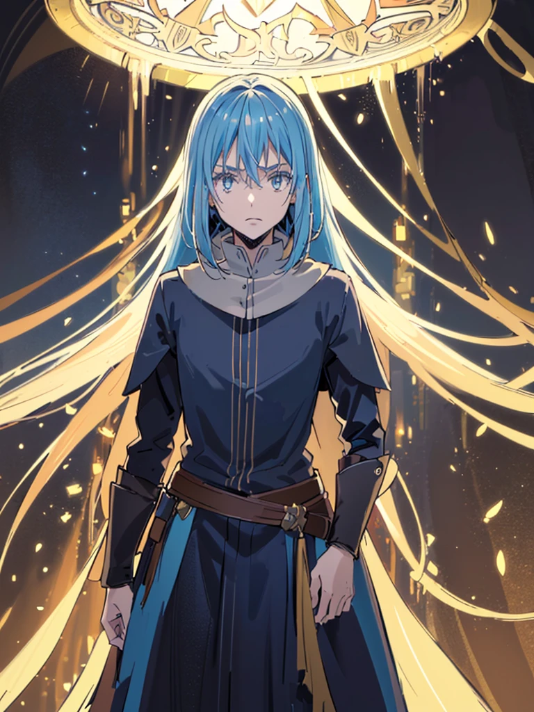 (best quality,4k,8k,highres,masterpiece:1.2),ultra-detailed,(realistic,photorealistic,photo-realistic:1.37),1 demonic androgynous character,long blue hair,golden eyes,demonic wings,Rey de reyes,Rimuru tempest,highly detailed face,intricate costume,fantasy,dramatic lighting,cinematic composition,moody atmosphere,bibrant colors