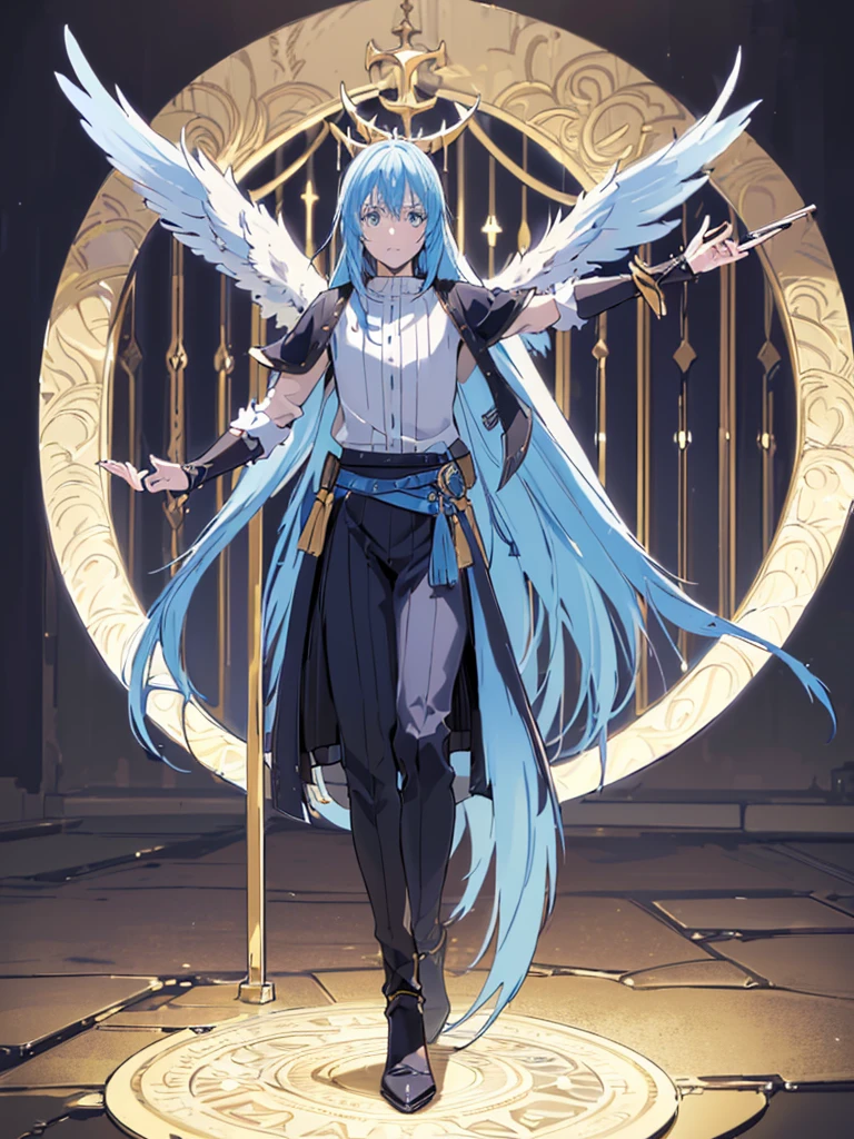(best quality,4k,8k,highres,masterpiece:1.2),ultra-detailed,(realistic,photorealistic,photo-realistic:1.37),1 demonic androgynous character,long blue hair,golden eyes,demonic wings,Rey de reyes,Rimuru tempest,highly detailed face,intricate costume,fantasy,dramatic lighting,cinematic composition,moody atmosphere,bibrant colors
