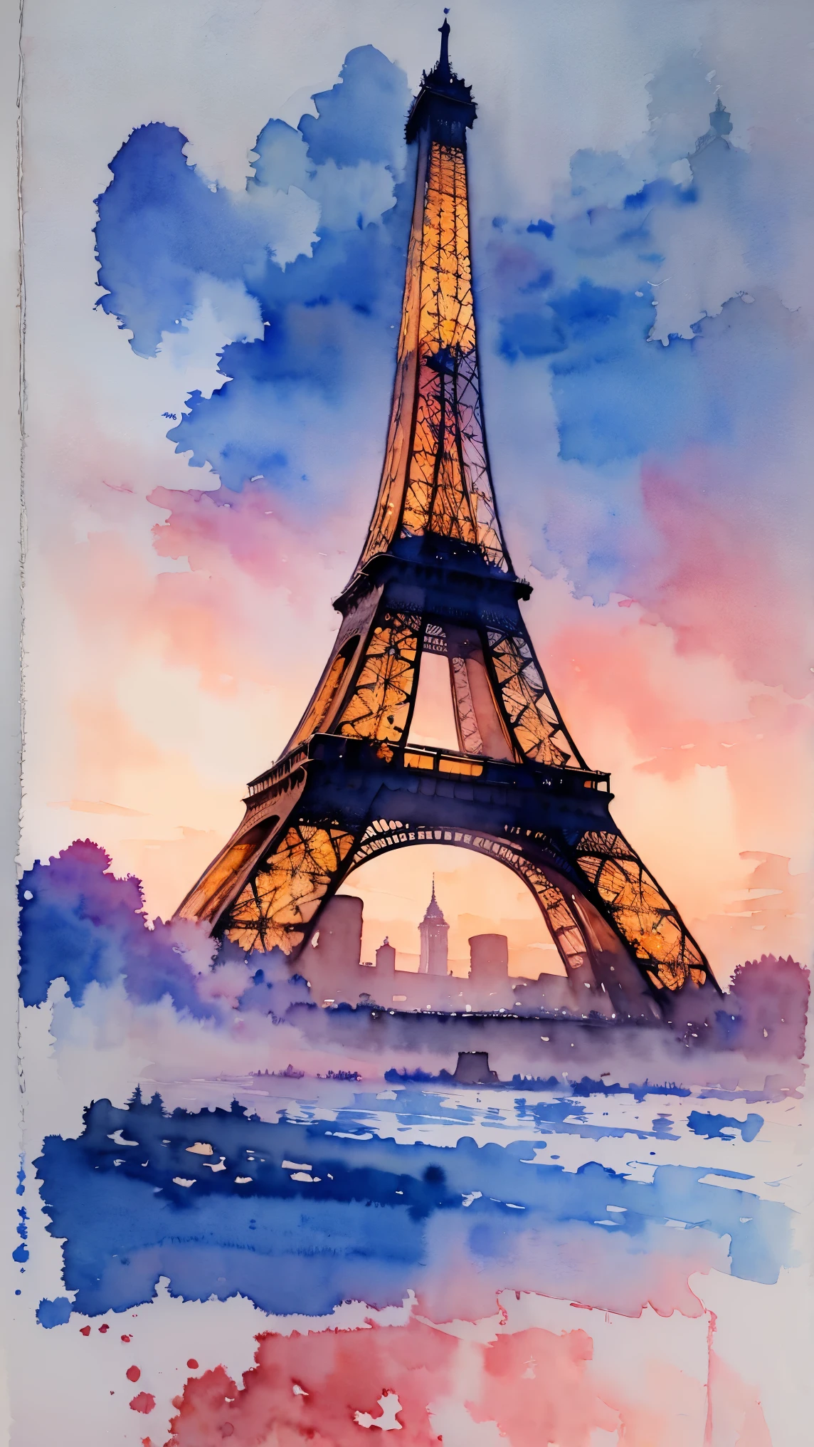 (masterpiece:1.2, Highest quality),(Very detailed),(((watercolor))),8K,wallpaper,Landscape of France,Eiffel Tower,night