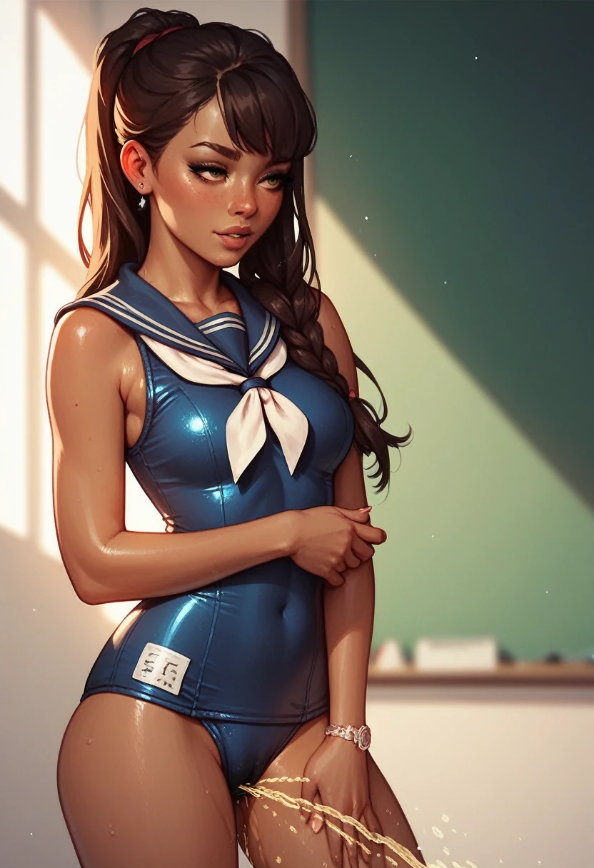 　beautiful girl　Brown skin　Peeing　Sailor suit　School Swimsuit　