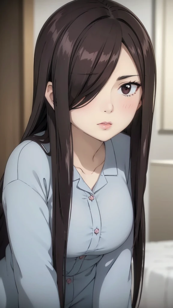 Cute mommy, mature women, realistic skin,perfect ,black hair, long hair, (hair over one eye:1.4), messy hair, hair between eyes,  pajama, chubby,plump,fat,dense pubic hair, extreme pubic hair, Sexy lips, pucker lips,cute shy blush on