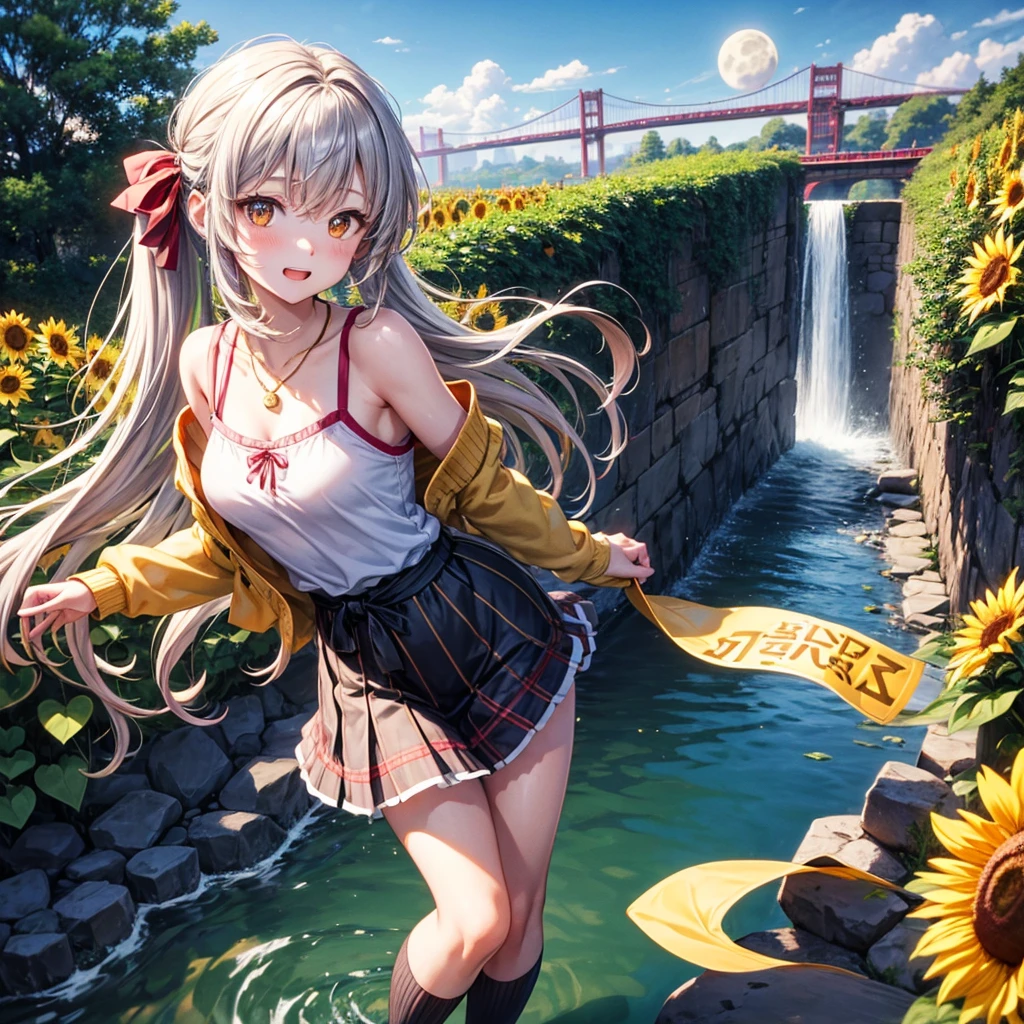 Red, brown, gold, gold hair、Golden Eyes、Hair tied up、One good looking girl、solo、anime、Checkered mini skirt、Ruffles on the skirt、camisole、Lightweight cardigan、Black knee-high socks、Wearing a baseball cap、Ribbon、Ribbon on waist、Teeth are visible、Silver coin necklace、From above、Sparks are flying、tunnel、Cobblestones、waterfall、Clear Stream、Sunflower field、Have sunflowers、Midnight Moon、Winding Road、Unlocking、suspension bridge