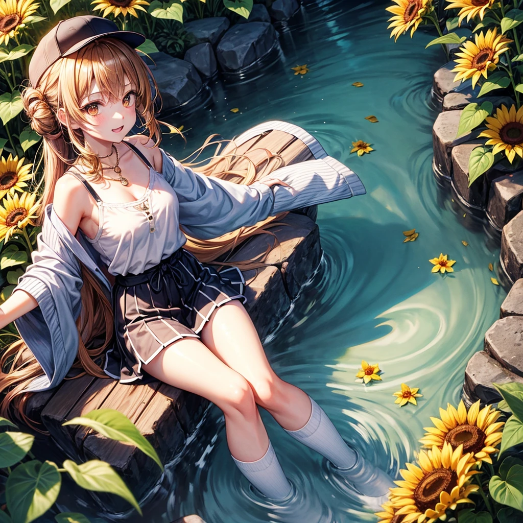 Red, brown, gold, gold hair、Golden Eyes、Hair tied up、One good looking girl、solo、anime、Checkered mini skirt、Ruffles on the skirt、camisole、Lightweight cardigan、Black knee-high socks、Wearing a baseball cap、Ribbon、Ribbon on waist、Teeth are visible、Silver coin necklace、From above、Sparks are flying、tunnel、Cobblestones、waterfall、Clear Stream、Sunflower field、Have sunflowers、Midnight Moon、Winding Road、Unlocking、suspension bridge