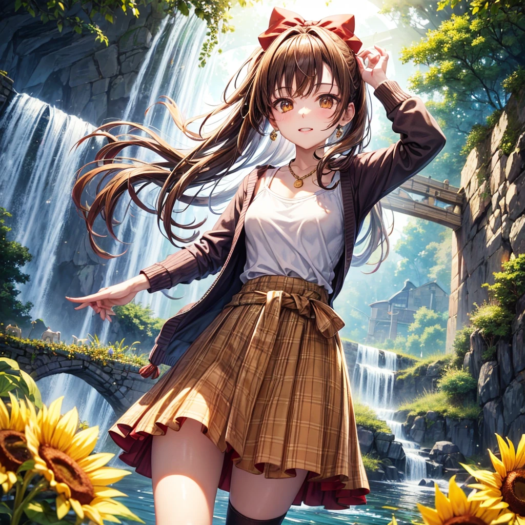 Red, brown, gold, gold hair、Golden Eyes、Hair tied up、One good looking girl、solo、anime、Checkered mini skirt、Ruffles on the skirt、camisole、Lightweight cardigan、Black knee-high socks、Wearing a baseball cap、Ribbon、Ribbon on waist、Teeth are visible、Silver coin necklace、From above、Sparks are flying、tunnel、Cobblestones、waterfall、Clear Stream、Sunflower field、Have sunflowers、Midnight Moon、Winding Road、Unlocking、suspension bridge
