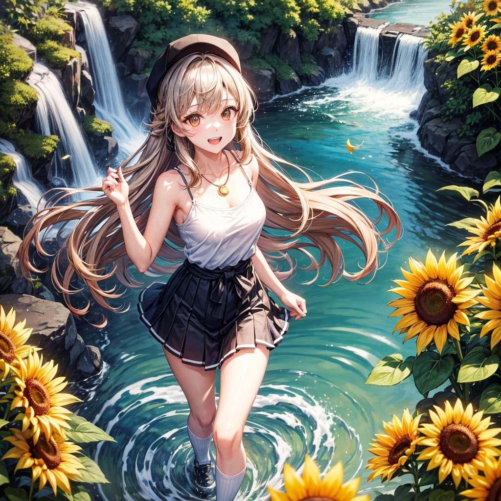Red, brown, gold, gold hair、Golden Eyes、Hair tied up、One good looking girl、solo、anime、Checkered mini skirt、Ruffles on the skirt、camisole、Lightweight cardigan、Black knee-high socks、Wearing a baseball cap、Ribbon、Ribbon on waist、Teeth are visible、Silver coin necklace、From above、Sparks are flying、tunnel、Cobblestones、waterfall、Clear Stream、Sunflower field、Have sunflowers、Midnight Moon、Winding Road、Unlocking、suspension bridge