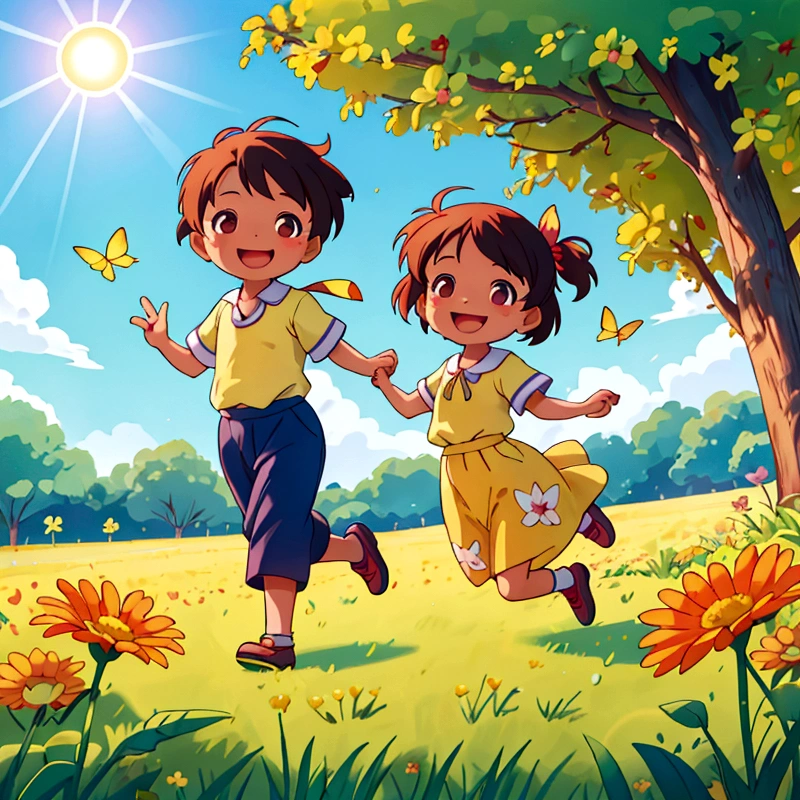 In a bright and cheerful field, two children chased butterflies with small nets. One child ran ahead while the other followed closely behind, both in a state of playful pursuit. The scene was filled with the essence of childhood innocence, as they joyfully ran through the tall grass under the warm sunlight, capturing the exuberance and wonder of their carefree adventure