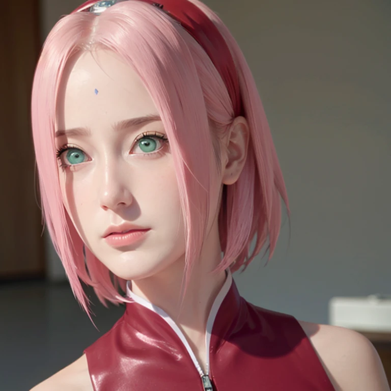 young woman, short shoulder-length pink hair, wide forehead, porcelain skin, pink eyebrows, big emerald green eyes, buttoned nose, full lips, heart-shaped face, slender body, small breasts, red tank top, Sakura Haruno , realistic, realism, details, 3d, well detailed