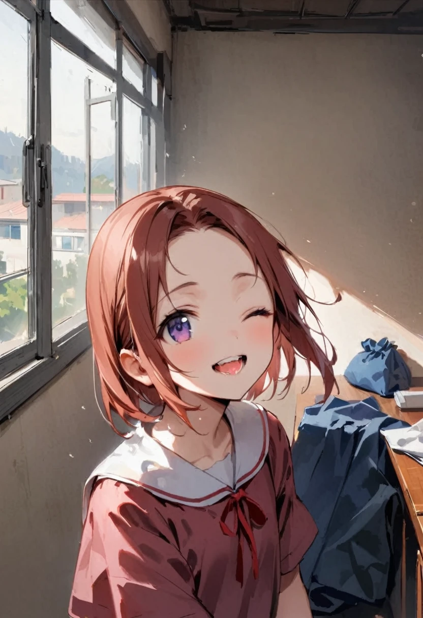 shoot from above、alone、headshot、Lick it with your tongue、Open your mouth wide、teeth、Close-up of face、primary school、School building、In the classroom、forehead、Open shoulder tops、Private Server、Girl、Girl、Short、Younger、Lower school year、Baby Face、flat chest、smile、Open one eye
