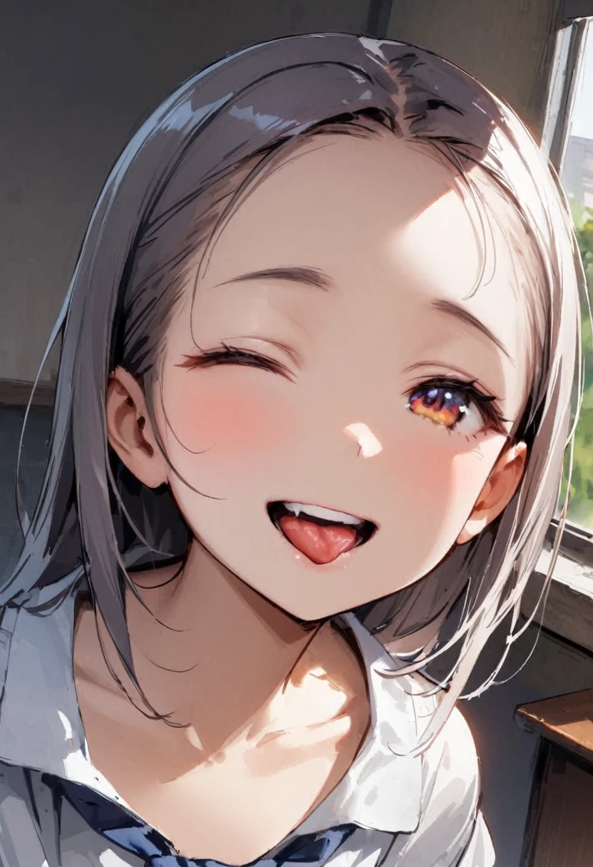 shoot from above、alone、headshot、Lick it with your tongue、Open your mouth wide、teeth、Close-up of face、primary school、School building、In the classroom、forehead、Open shoulder tops、Private Server、Girl、Girl、Short、Younger、Lower school year、Baby Face、flat chest、smile、Open one eye