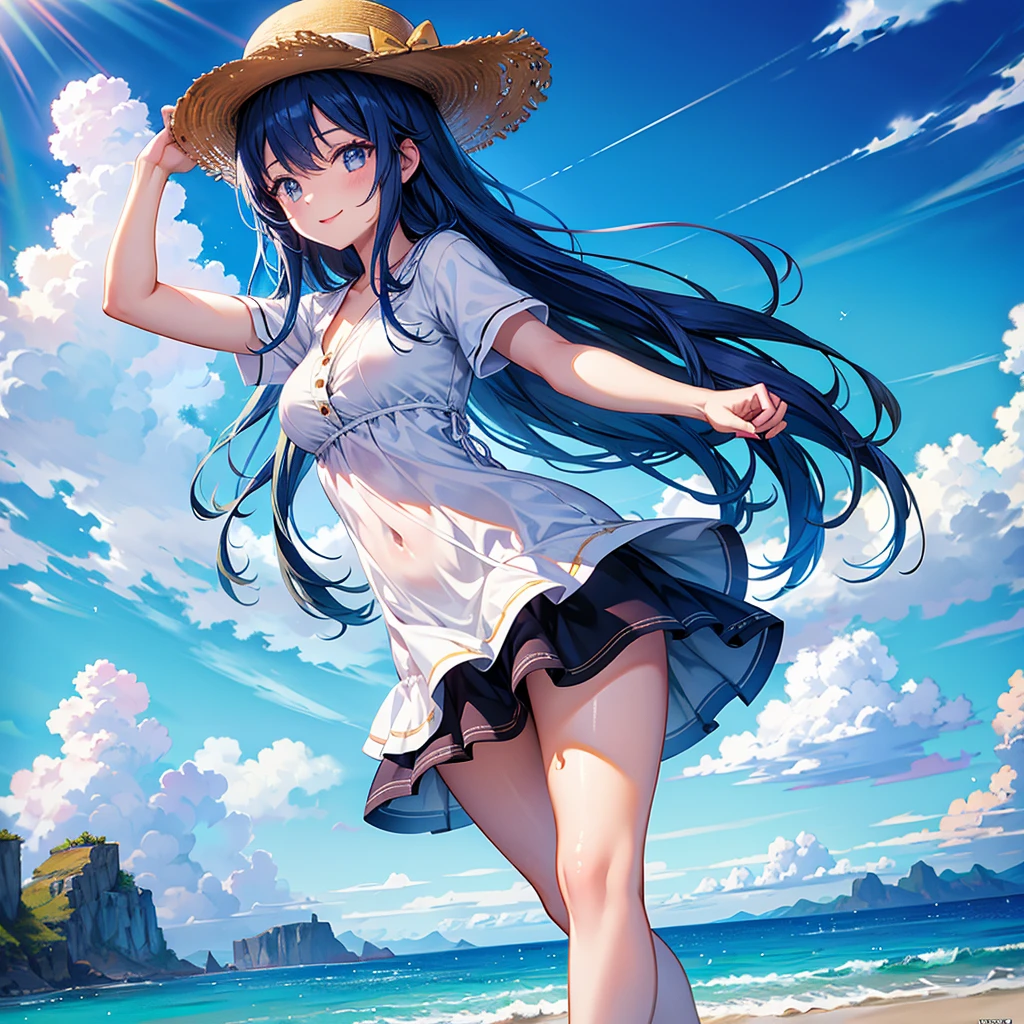 absurdity, high resolution, (official art, beautiful and aesthetic: 1.2), sparkling sky, vast world,((1 girl)), staring, awe-inspiring expression, distant horizon, clouds, natural beauty, inspiration, light effect, wide shot, from afar,beautiful woman, (masterpiece), (high resolution 8K), professional illustration, 1 girl, late teenage, walking, long shot, from behind, , short sleeve shirt, hat, long hair, blue hair, smile, looking up, on the beach, blue sky, daytime, in summer, natural lighting, detailed body, detailed skin