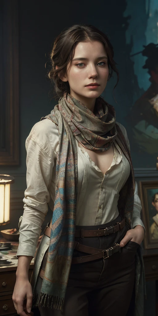 a painting of a woman with a scarf on her neck, (1girl:1.4), craig mullins alphonse mucha, artgerm craig mullins, beautiful character painting, rhads and lois van baarle, artgerm and atey ghailan, charlie bowater rich deep colors, ross tran 8 k, ( ( mads berg ) ), artgerm and craig mullins