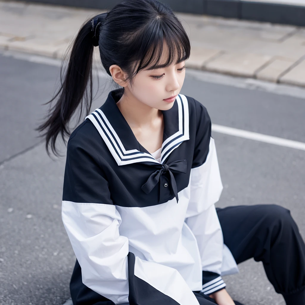 Black hair ponytail、Sailor suit