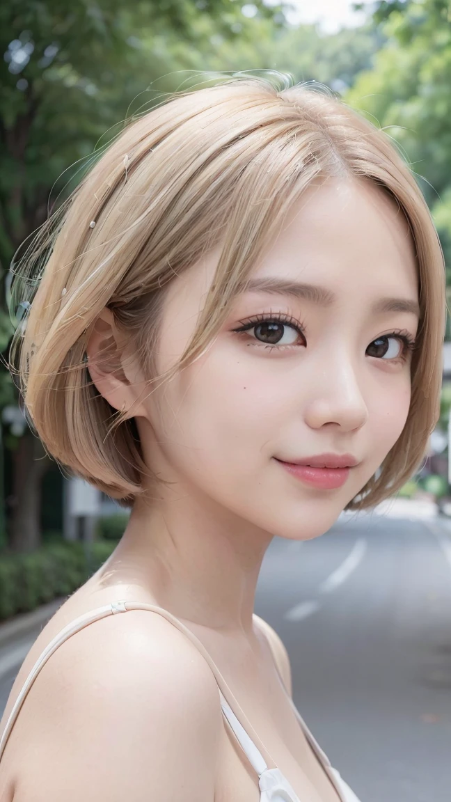 Realistic, masterpiece, Highest quality, (Tree-lined street, The background is blurred:1.3), (One girl:1.3), Photo of a woman smiling happily, (Droopy eyes:1.3), Beautiful and exquisite, (Dark Eyes:1.3), Long eyelashes, Eyelash extensions, (Hidden eyelid wrinkles:1.3), (blonde, short hair, middle part:1.3), (Swimsuit), (Full body portrait:1.3)、Stick your butt out、Your butt is completely visible
