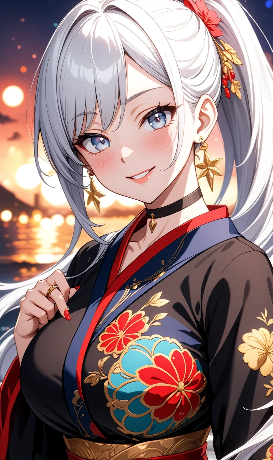 ((One personの女性)), Beautiful Face, (Laughing embarrassedly), (naughty face), ((Wink:1.8)), Laugh with your mouth wide open,((Bright red cheeks:1.4)),Shiny red lips,night,横浜のnight景,You can see the ocean, firework,,Glossy pink lips,Facial lighting,((Anime style background)),masterpiece, Highest quality, so beautiful,up to date, Complex details, (Pink long nails),  (ring),(bracelet),(choker),AI-generated, Complex,High resolution, Highest quality, super high quality,3D Images、3D Images,One person,Long white hair,High Ponytail,(blue eyes),Anime woman posing for a photo, ((Fine grain、Silvery white colorful eyes、Shining Eyes:1.3)),(Squint your eyes:1.1),a hyperRealistic , hyperRealistic , Realistic,Anime woman with long white hair, Smooth anime CG art, A woman in a colorful kimono with gold embroidery, (Black long sleeve kimono),Red floral pattern,Long flower hair ornament,Earrings,Mature Body,(Big Breasts:1.1),Tall,Abdominal muscles,Narrow waist,(Zoom up to face:1.3), ((front view)),
