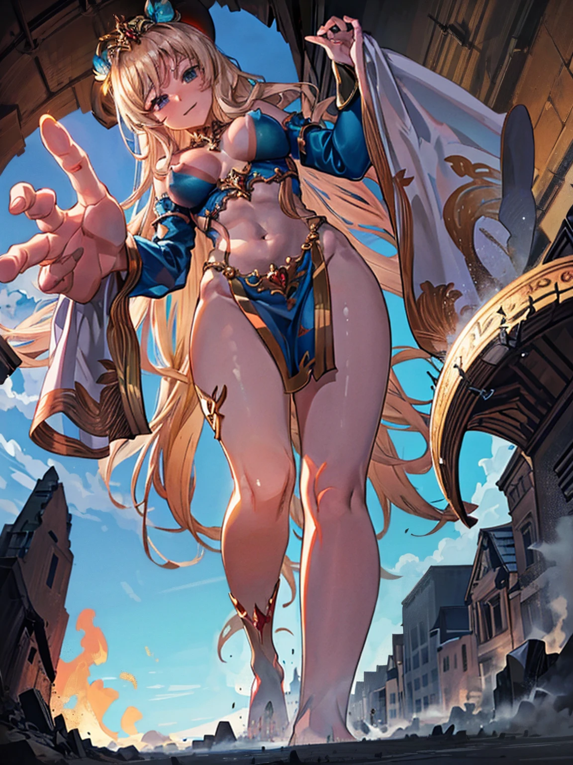 Evelina, a 50-meter-tall deity, emerges from her dawn-lit cavern. Her glowing golden skin and fiery wavy hair fall over her shoulders. Standing on a plain, her majestic and seductive posture features one leg forward and one hand on her hip. Her piercing gaze and suggestive smile mesmerize the humans at her feet, while her perfect body exudes an aura of divine eroticism.