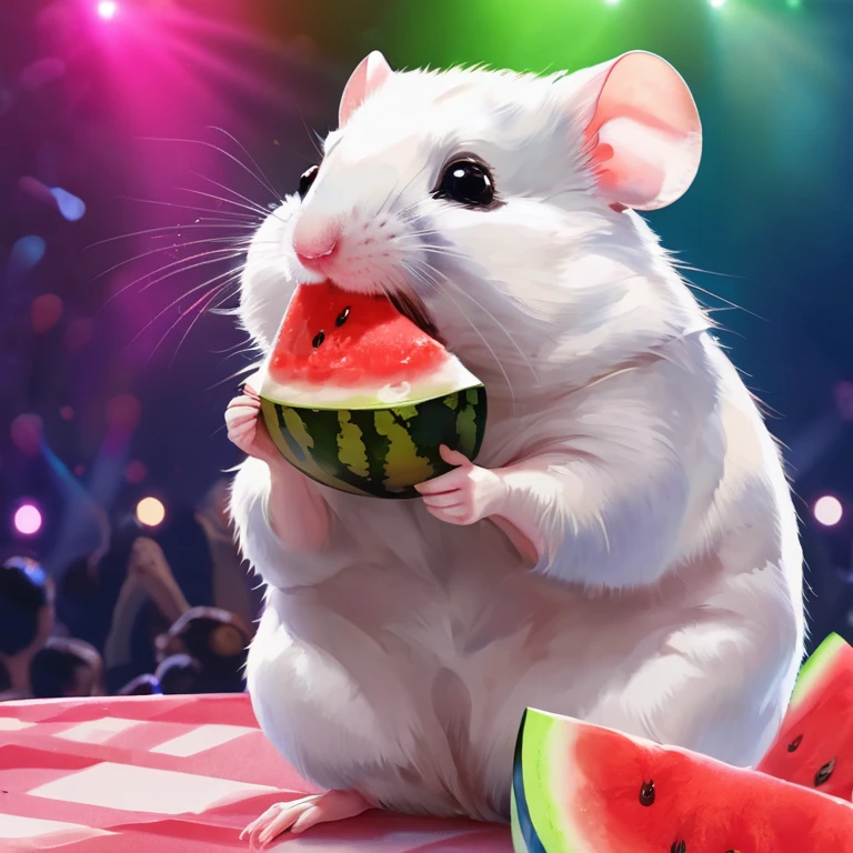 A white, hairless hamster eating watermelon，Watching people singing on the stage，Second dimension style，4K，More gorgeous rendering