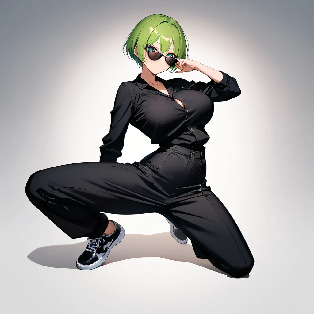 16k works,Highest quality,18-year-old,No background.White background only,whole body、Kneel,Dynamic and sexy pose, One person, Beautiful Face,, Symmetrical eyes, Perfect body, Good balance、 Perfect body、Green Hair, (Boyish short hair:1.3), High Fashion Brands, Big Breasts, Black clothes, Wear sunglasses