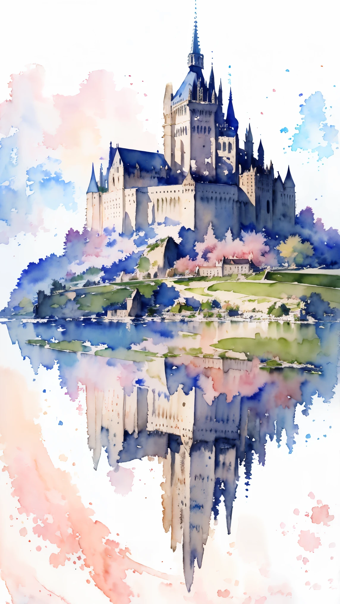 (masterpiece:1.2, Highest quality),(Very detailed),(((watercolor))),8K,wallpaper,Landscape of France,Mont Saint-Michel,(((透明watercolor)))
