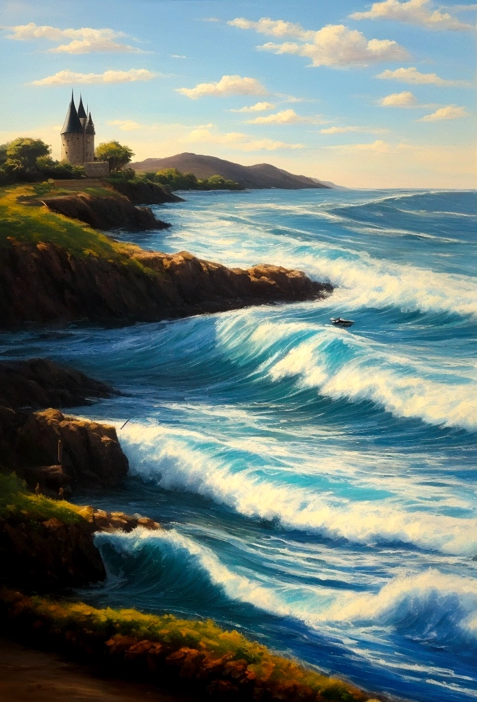 Actual image((paint ))landscape painting,Acrylic painting,Brushstrokes,Unmatched realism,Extra Wide,ominous skies,sailboat,Wooden boat,lotus,Big Wave,starry night,Harry Potter,Volumetric Lighting,liquidation,Practical,Thiago Gurney,Art Station,((Painted with oil))