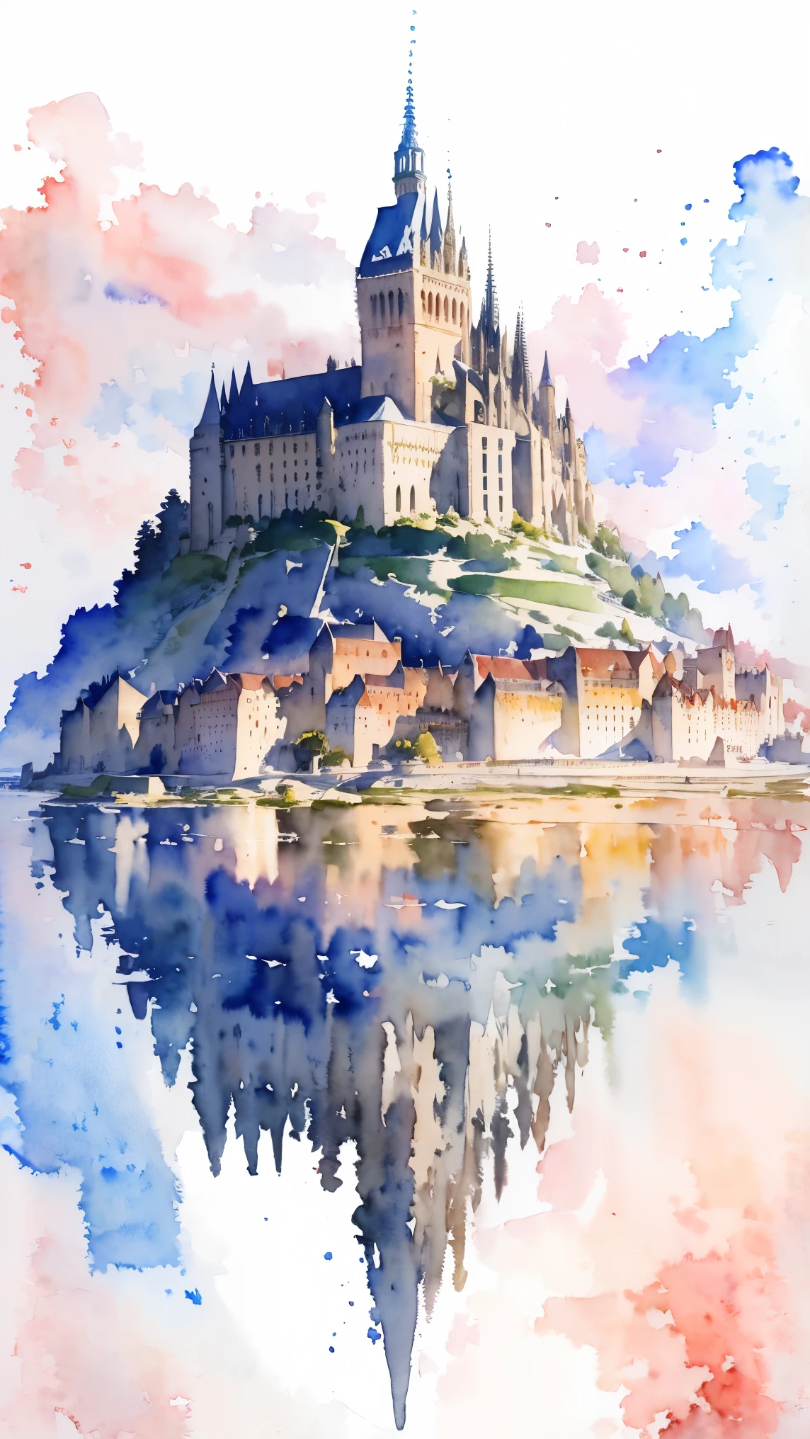 (masterpiece:1.2, Highest quality),(Very detailed),(((watercolor))),8K,wallpaper,Landscape of France,Mont Saint-Michel,(((透明watercolor)))