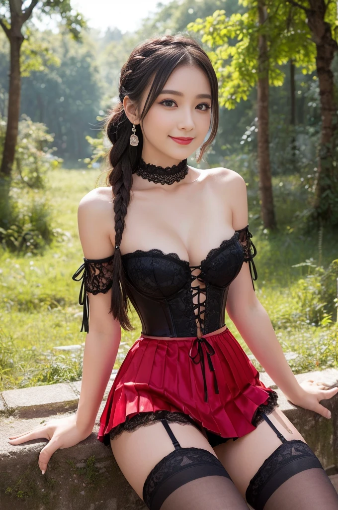 ((Photo from upper body to thigh: 1.4)), ((best soft studio lighting: 1.2)), (sexy stylish female princess: 1.3), photorealistic, ultra high resolution, (smiling face), long natural flowing hair, small breasts, (ultra detailed beautiful face), BREAK, clear sharp focus, perfect dark eyeshadow, vivid colors, (in the clearing of an ultra detailed ancient mystery forest: 1.3), bold lipstick, lip-gloss, wear an off-shoulder top, full bodyesbian, ((Red-black pleated mini skirt)), (lace-up corset (lacy red or crimson) silked), ((Versace silked bustier top)), ((lace-up)), (sexy braided hold-up tights), (-pantise), blue eyeliner, (beautiful princess with long legs and good style)