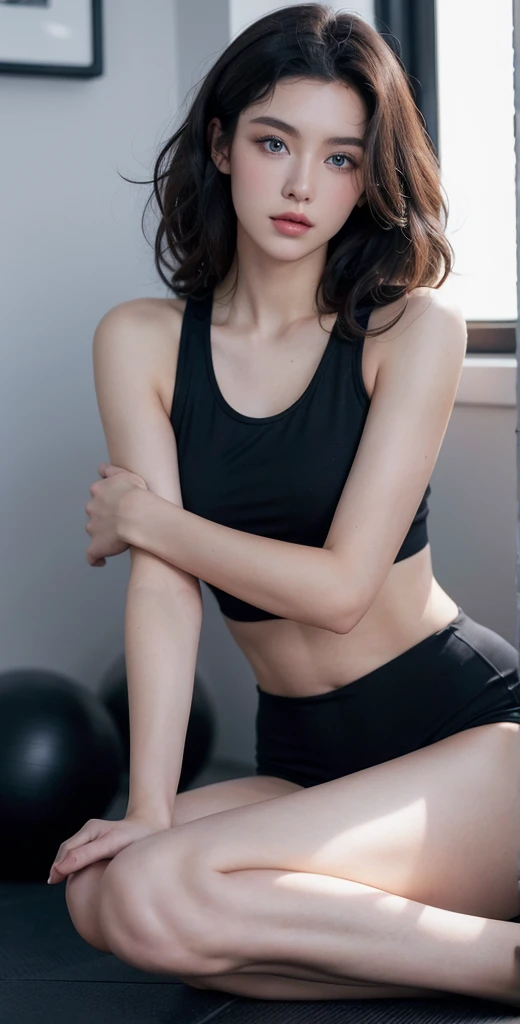 hot beautiful posing model, curly dark hair, dark blue eyes, fitness body --ar 16:9 -