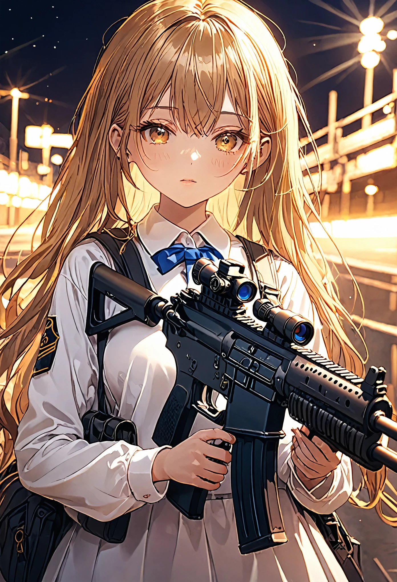 High school girls、uniform、Have a machine gun、Serious expression、Highest quality、Hyper Detail、Very detailed、Full HD、16K、Absurd、Huge scale、Golden Ratio、Wide-angle lens、landscape、Soft Surface、Warm lighting、Pinhole Camera、Deep Focus、Depth of written boundary、Depth