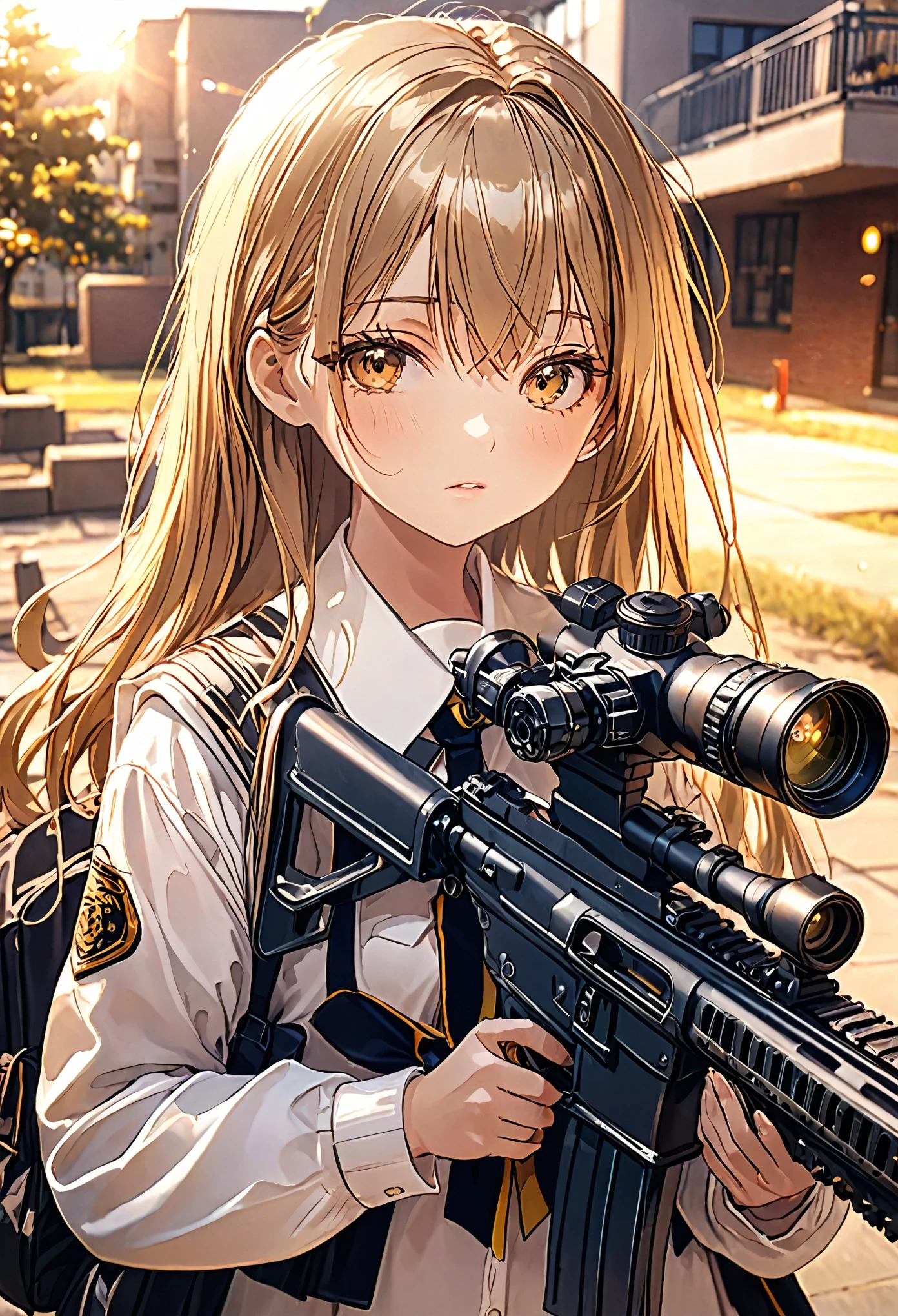 High  girls、uniform、Have a machine gun、Serious expression、Highest quality、Hyper Detail、Very detailed、Full HD、16K、Absurd、Huge scale、Golden Ratio、Wide-angle lens、landscape、Soft Surface、Warm lighting、Pinhole Camera、Deep Focus、Depth of written boundary、Depth