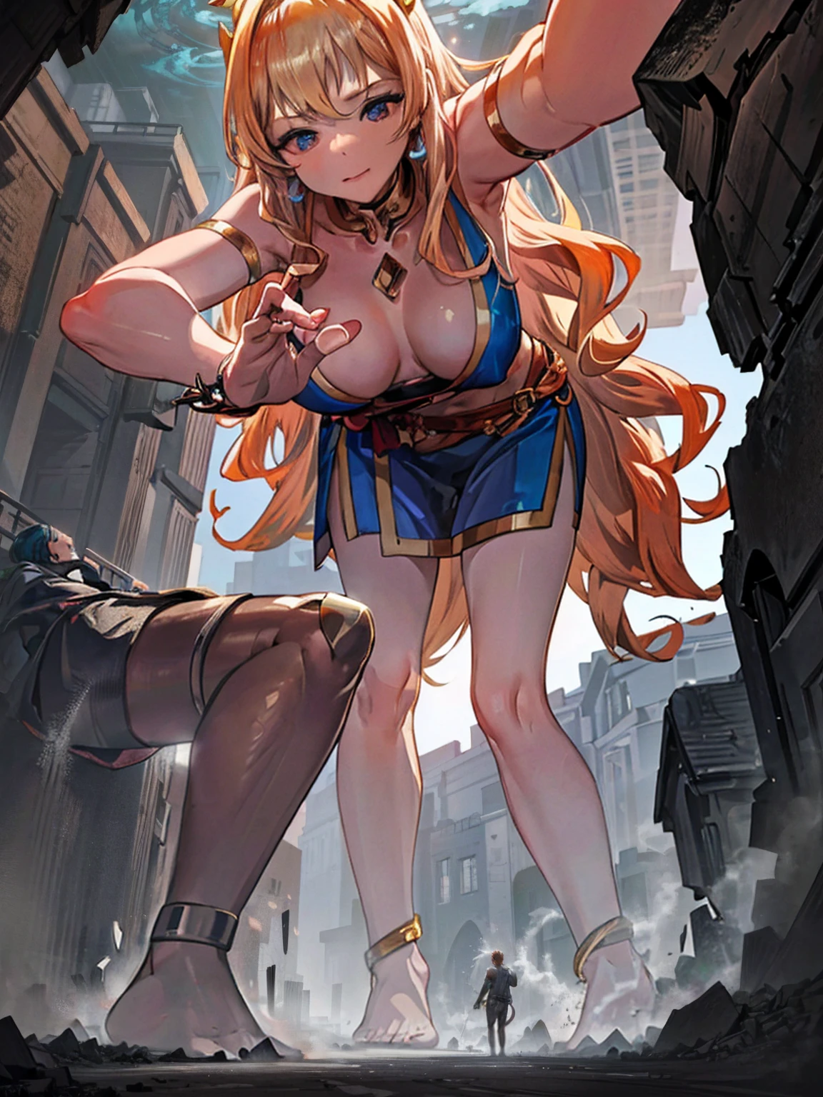 Evelina, a 50-meter-tall deity, emerges from her dawn-lit cavern. Her glowing golden skin and fiery wavy hair fall over her shoulders. Standing on a plain, her majestic and seductive posture features one leg forward and one hand on her hip. Her piercing gaze and suggestive smile mesmerize the humans at her feet, while her perfect body exudes an aura of divine eroticism.