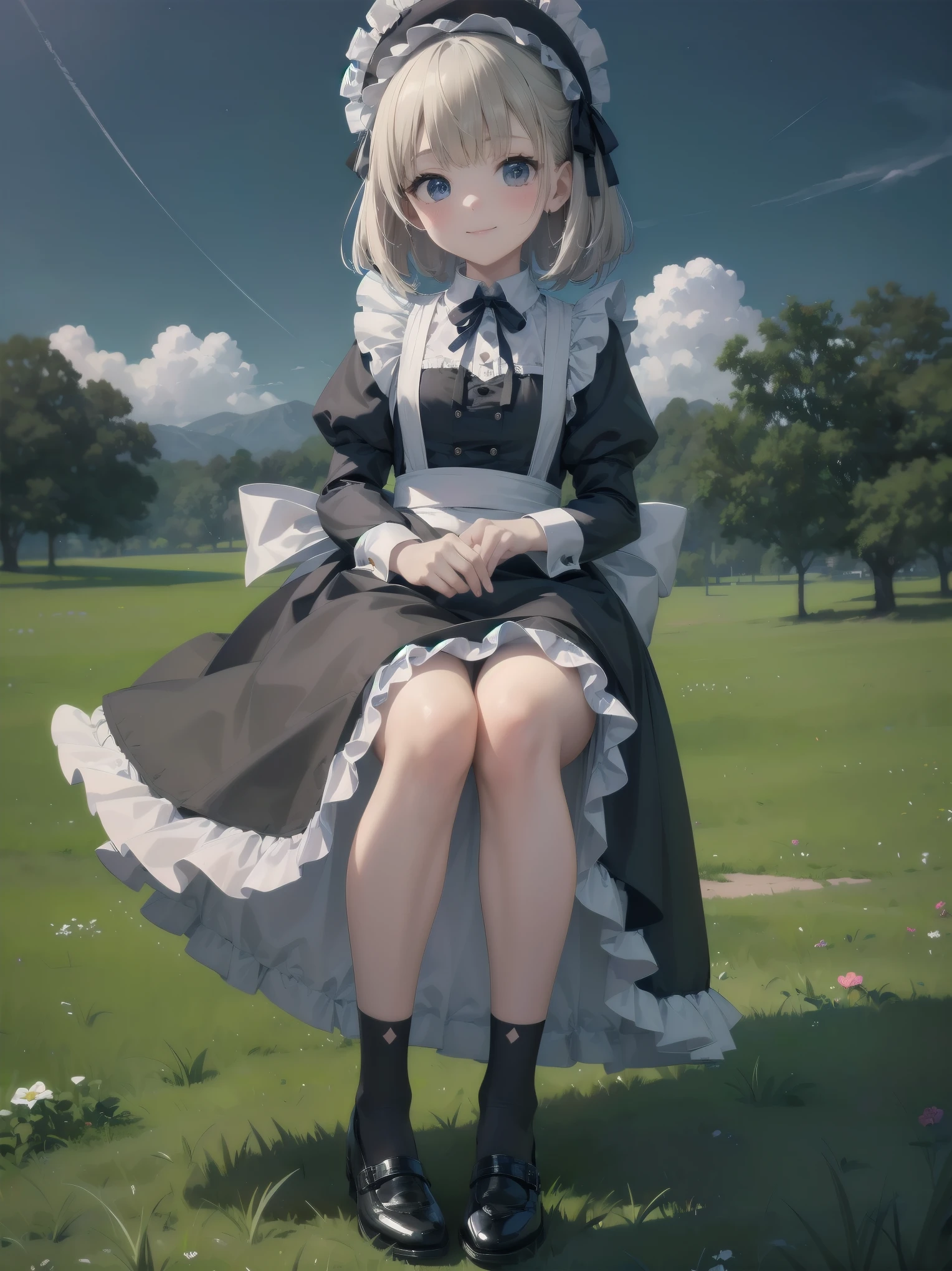 ((Very fine, Very fine CG Unity 8k Wallpaper, High Resolution, Absurd, Beautiful fine details, Very fine hair)), ((Masterpiece)), Outdoors, Sky, Clouds, Grass, ((Beautiful fine details)), Fashionable, One Girl, A  smiling under the stars, a toddler wearing a maid hat with ruby accessories, she is wearing a white and black gothic maid dress with navy blue ribbon. Black stockings, black shoes, cute, super cute toddler maid