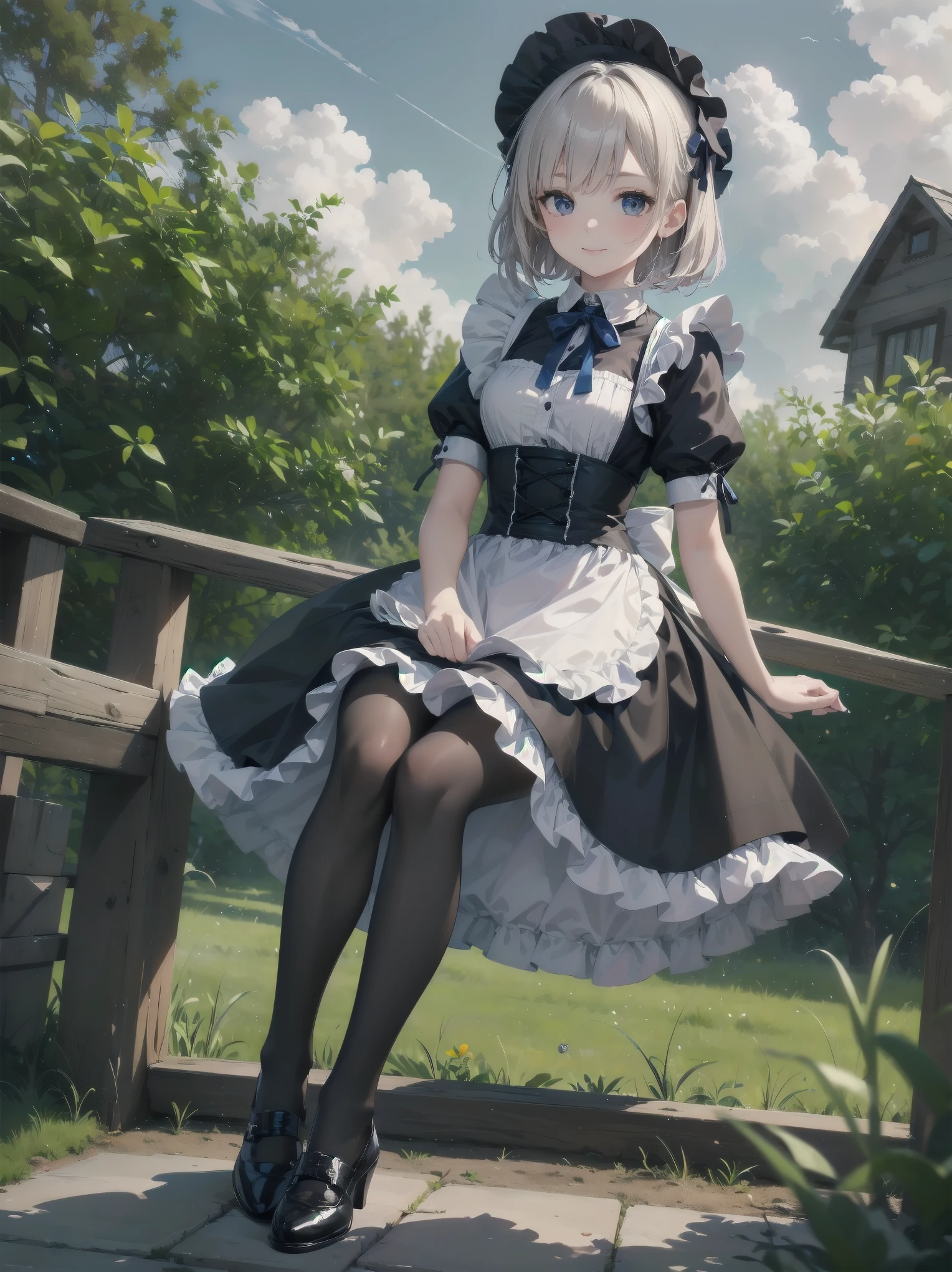 ((Very fine, Very fine CG Unity 8k Wallpaper, High Resolution, Absurd, Beautiful fine details, Very fine hair)), ((Masterpiece)), Outdoors, Sky, Clouds, Grass, ((Beautiful fine details)), Fashionable, One Girl, A smiling under the stars, a toddler wearing a maid hat with ruby accessories, she is wearing a white and black gothic maid dress with navy blue ribbon. Black stockings, black shoes, cute, super cute toddler maid