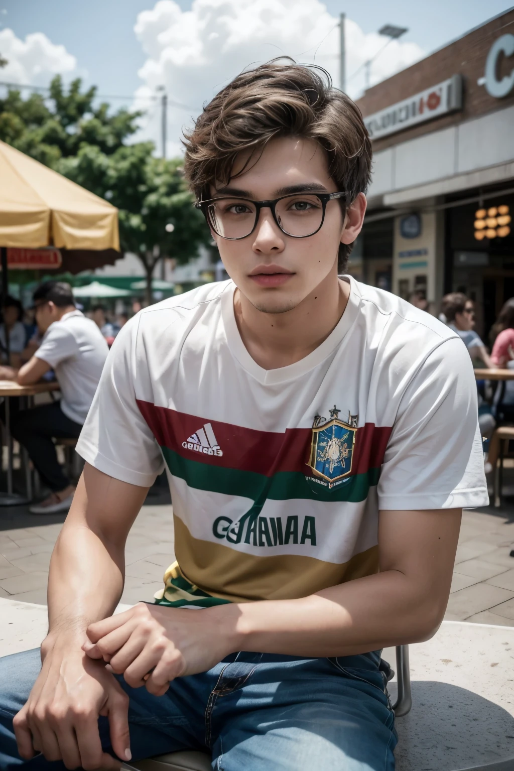 creates a photo of a 23-year-old Brazilian man, wearing the Criciuma football club shirt, wearing glasses, light brown hair, short cut, white; sitting at a table in a shopping center, with stores appearing in the background, people strolling,