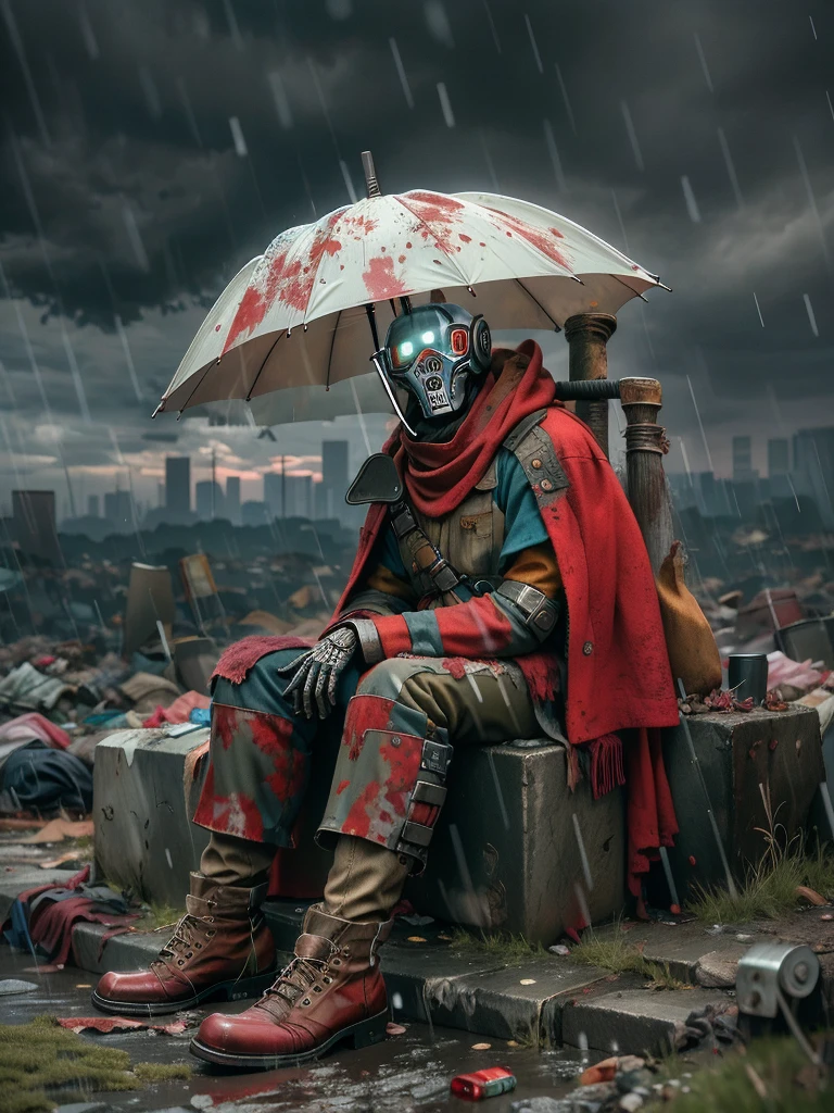 wasteland，A poor old robot sat on a rock, (Umbrella:1.3)，(用手撑着Umbrella:1.3)，(sit:1.2)，rust，Wearing tattered red armor，The skyline in the distance，Gothic，moss，A small white flower，cemetery，Gothic教堂，Blood red moon，Gothic元素，In the heavy rain，cold，gloomy