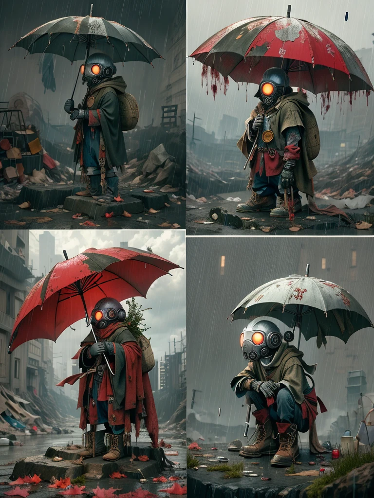 wasteland，A poor old robot sat on a rock, (Umbrella:1.3)，(用手撑着Umbrella:1.3)，(sit:1.2)，rust，Wearing tattered red armor，The skyline in the distance，Gothic，moss，A small white flower，cemetery，Gothic教堂，Blood red moon，Gothic元素，In the heavy rain，cold，gloomy