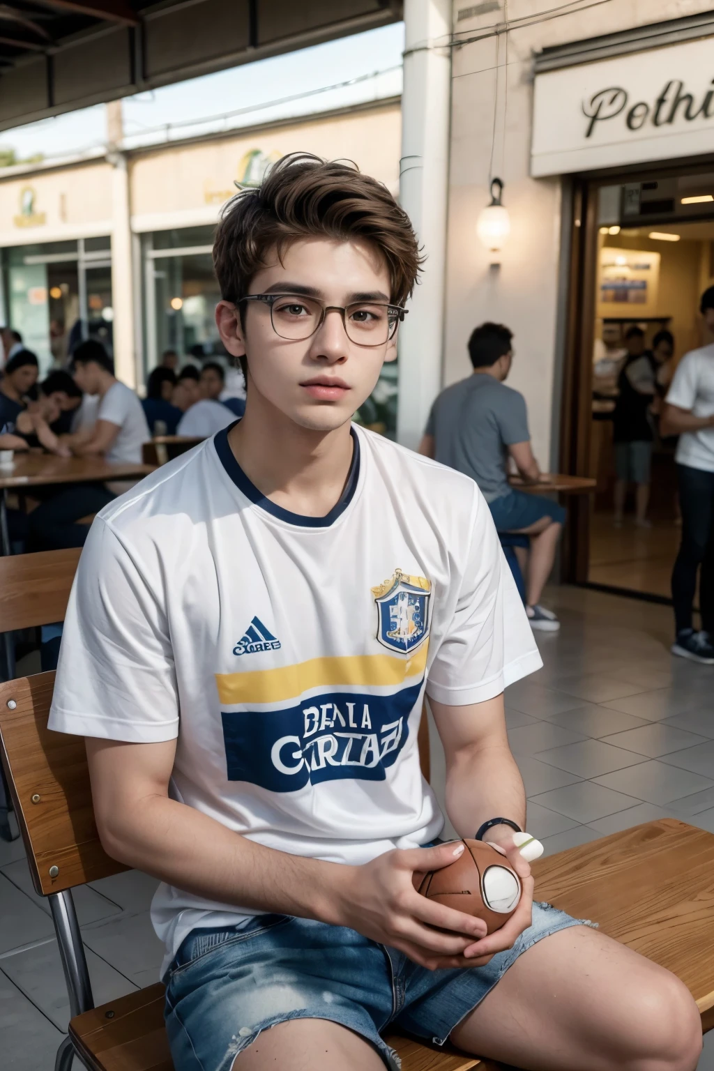 creates a photo of a 23-year-old Brazilian man, wearing the Criciuma football club shirt, wearing glasses, light brown hair, short cut, white; sitting at a table in a shopping center, with stores appearing in the background, people strolling,