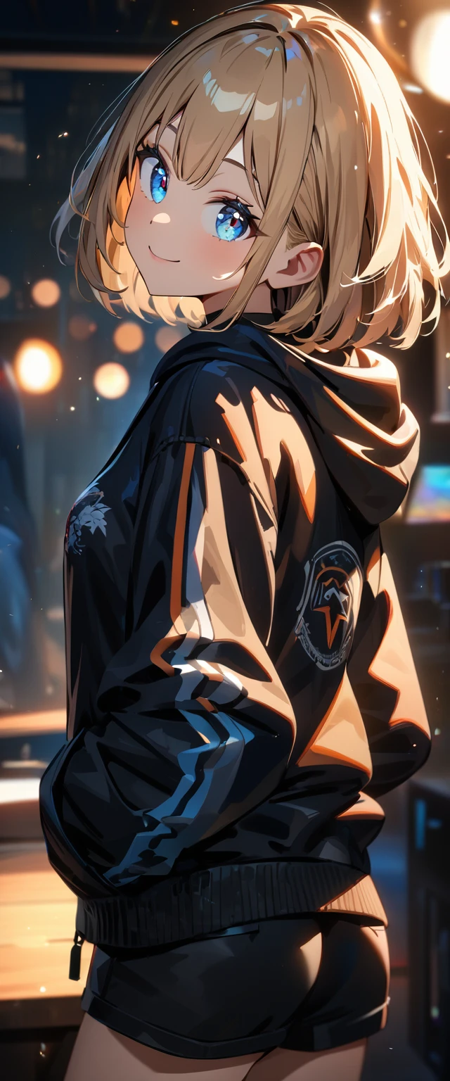 (((One girl))), blond hair, bob cut, (upper body), (looking at viewer), breasts, teenager, head tilt:1.3, (((blue eye))), (from side), hand in pocket, ((happy smile)), black hoodie, black shorts, anime style, (best quality, 4k, 8k, highres, masterpiece:1.2, ultra-detailed, ultra-detailed eyes, HDR, UHD, studio lighting, ultra-fine painting, sharp focus, physically-based rendering, extreme detail description, professional, vivid colors, bokeh)