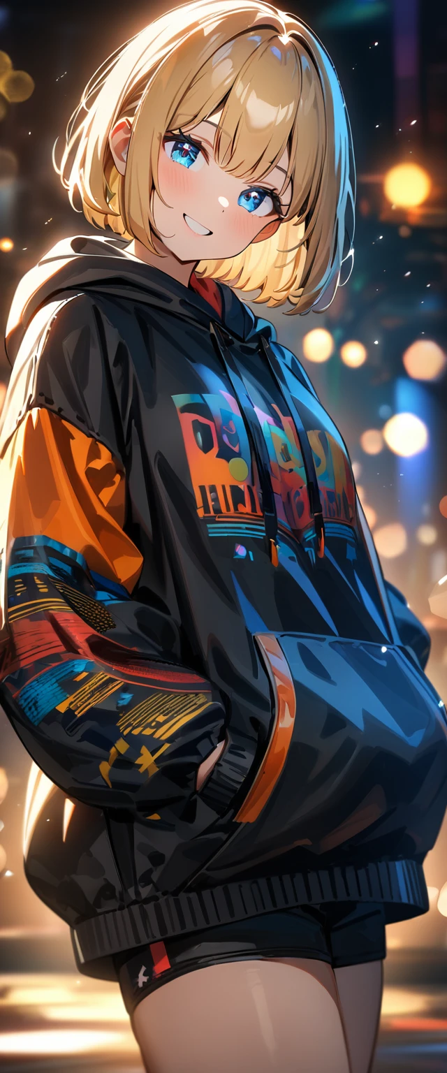 (((One girl))), blond hair, bob cut, (upper body), (looking at viewer), breasts, teenager, head tilt:1.3, (((blue eye))), (from side), hand in pocket, ((happy smile)), black hoodie, black shorts, anime style, (best quality, 4k, 8k, highres, masterpiece:1.2, ultra-detailed, ultra-detailed eyes, HDR, UHD, studio lighting, ultra-fine painting, sharp focus, physically-based rendering, extreme detail description, professional, vivid colors, bokeh)
