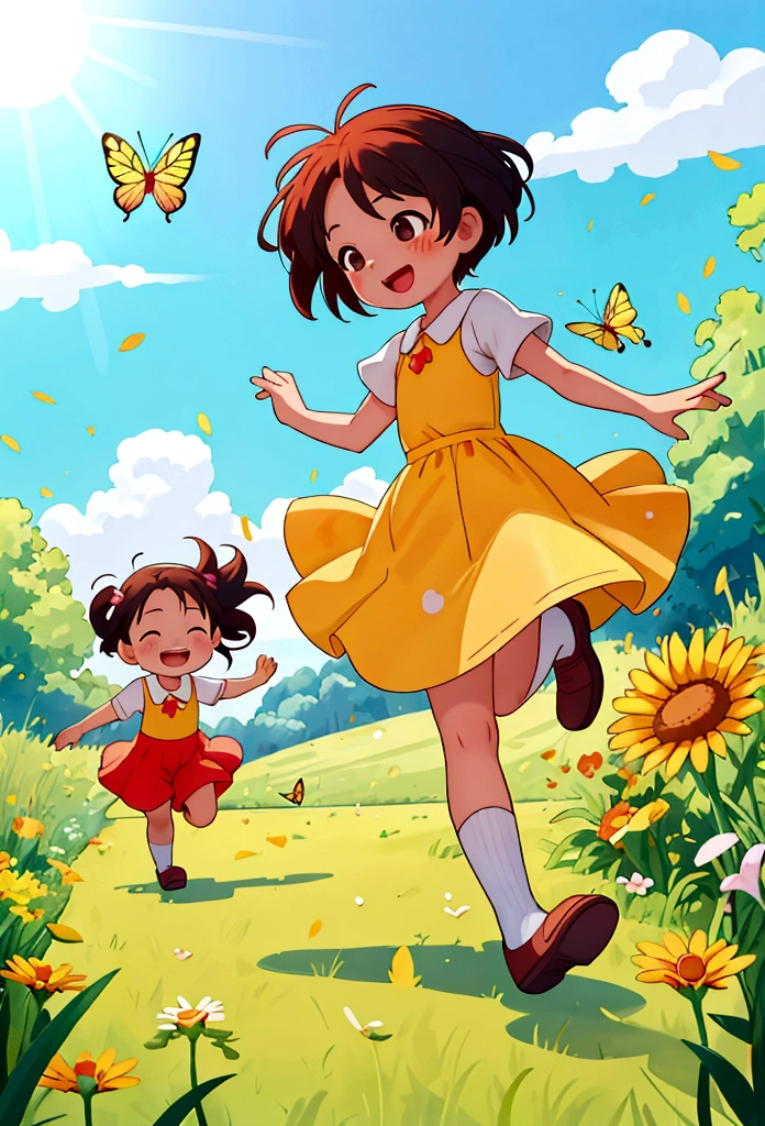 In a bright and cheerful field, two children chased butterflies with small nets. One child ran ahead while the other followed closely behind, both in a state of playful pursuit. The scene was filled with the essence of childhood innocence, as they joyfully ran through the tall grass under the warm sunlight, capturing the exuberance and wonder of their carefree adventure
