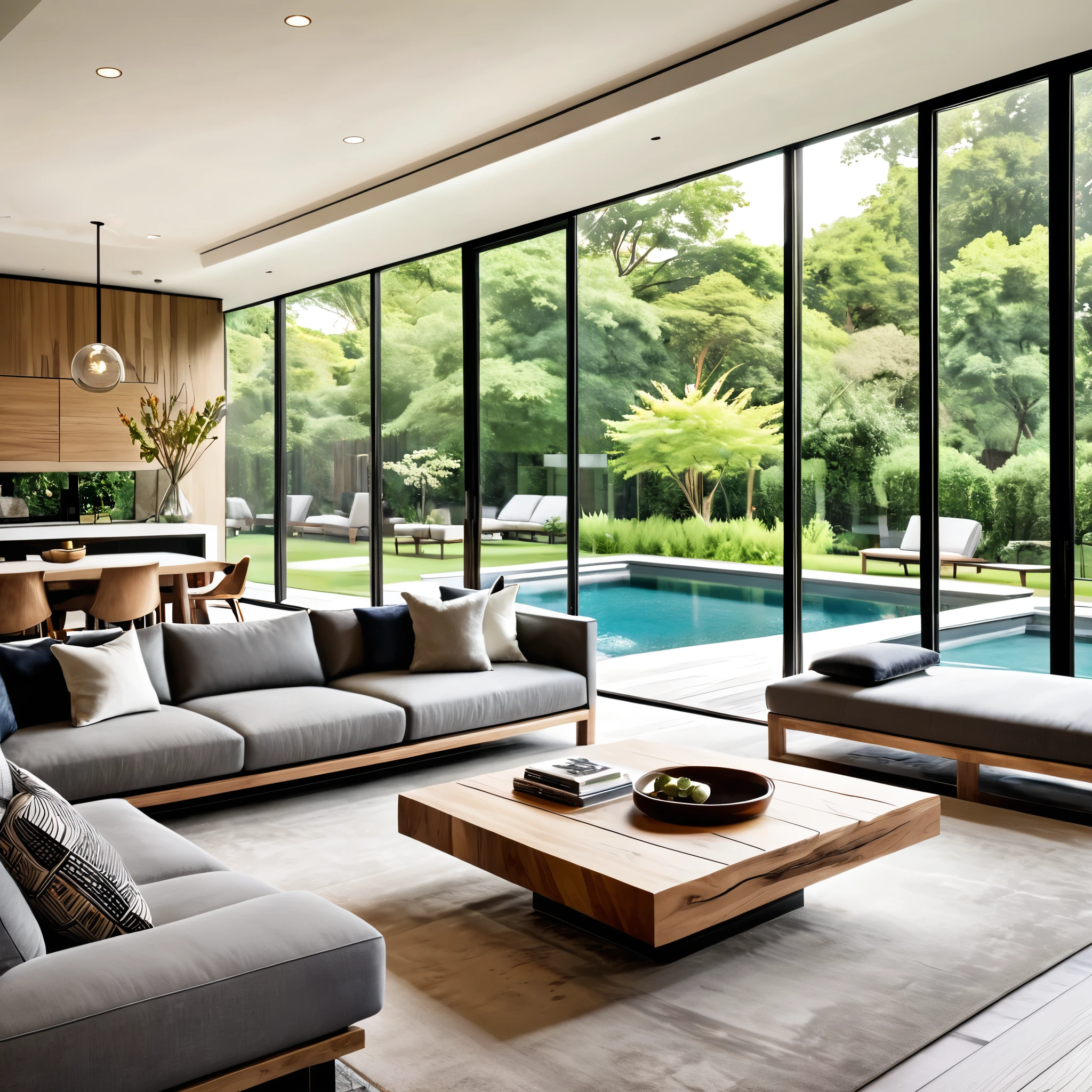 Design an elegant and contemporary living room with large glass windows offering a panoramic view of an outdoor pool and lush garden. The space should include a large gray sofa with decorative pillows, a striking wooden coffee table with a natural finish, and a stylish dark rug. Incorporate minimalist artwork on the walls and blend natural and modern elements seamlessly throughout the room. Make sure the space is filled with natural light, creating a bright, airy, and inviting atmosphere