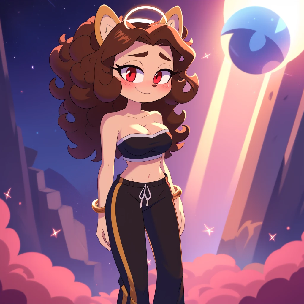 Sasha waybright, strapless crop top, baggy pants, high-top sneakers, cleavage, two-tone hair (brown hair, black tip)), curly hair, halo, sunglasses, jewelry, red eyes, longeyelashes, red eyes, smile, shy, blush,