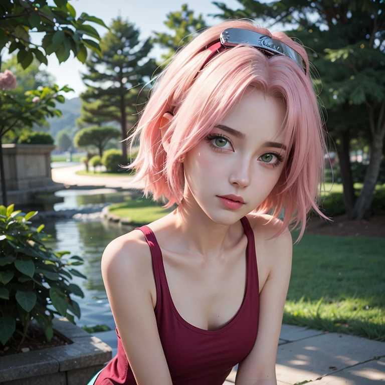 young woman, short shoulder-length pink hair, wide forehead, porcelain skin, pink eyebrows, big emerald green eyes, buttoned nose, full lips, heart-shaped face, slender body, small breasts, red tank top, Sakura Haruno , realistic, realism, details, 3d, well detailed