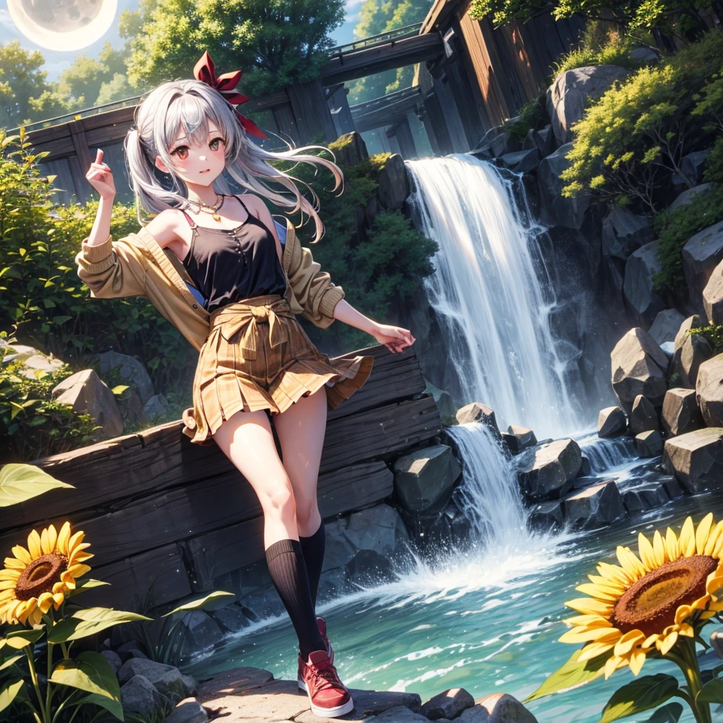 Red, brown, gold, gold hair、Golden Eyes、Hair tied up、One good looking girl、solo、anime、Checkered mini skirt、Ruffles on the skirt、camisole、Lightweight cardigan、Black knee-high socks、Wearing a baseball cap、Ribbon、Ribbon on waist、Teeth are visible、Silver coin necklace、From above、Sparks are flying、tunnel、Cobblestones、waterfall、Clear Stream、Sunflower field、Have sunflowers、Midnight Moon、Winding Road、Unlocking、suspension bridge