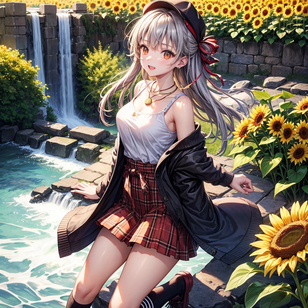 Red, brown, gold, gold hair、Golden Eyes、Hair tied up、One good looking girl、solo、anime、Checkered mini skirt、Ruffles on the skirt、camisole、Lightweight cardigan、Black knee-high socks、Wearing a baseball cap、Ribbon、Ribbon on waist、Teeth are visible、Silver coin necklace、From above、Sparks are flying、tunnel、Cobblestones、waterfall、Clear Stream、Sunflower field、Have sunflowers、Midnight Moon、Winding Road、Unlocking、suspension bridge