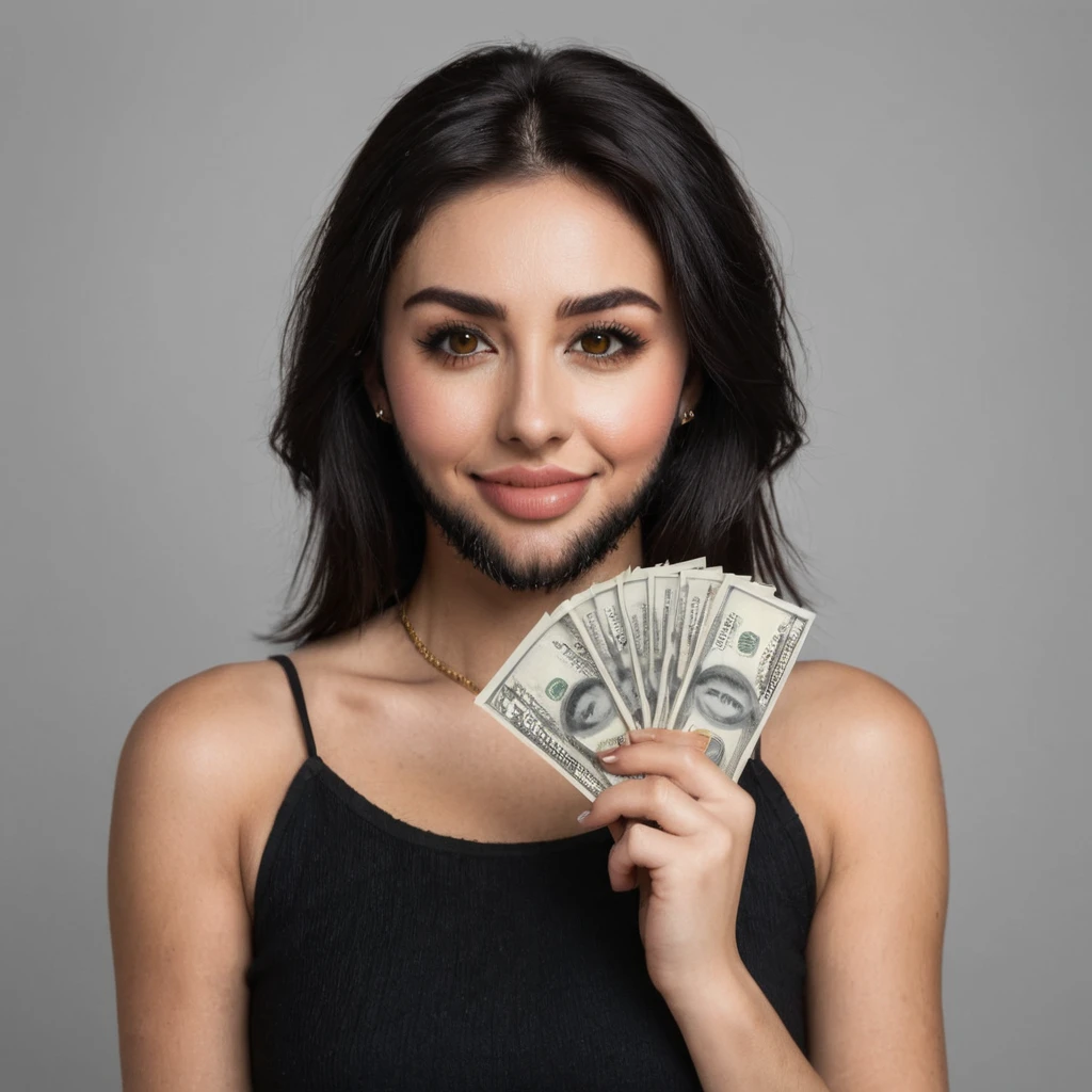 bearded woman beautiful shaggy beard, black hair, brown eyes, eyeliner, proud smile, seductive look, hold a load of dollar bills