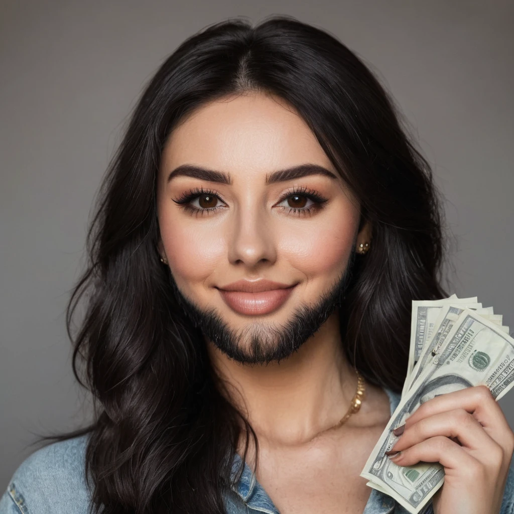 bearded woman beautiful shaggy beard, black hair, brown eyes, eyeliner, proud smile, seductive look, hold a load of dollar bills