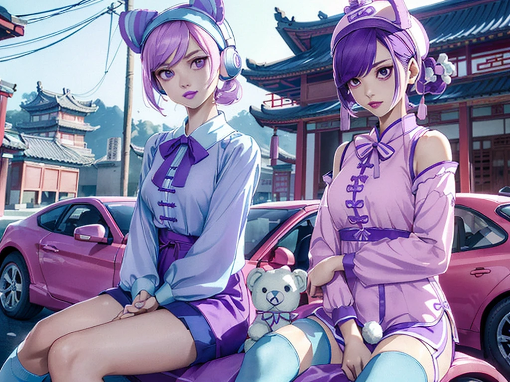 ((best qualityer)), (detailded), (image of the Chinese character Feng Min), (jogo Dead by Daylight), (with arms crossed), (leaning against a Chinese model car), (arms crossed with seductive look), (In front of a Chinese temple), (wearing Chinese slippers), (white knee-high socks), (short light blue shorts), (pink teddy bear pendant hanging from shorts, left front part), (long sleeve blouse with wide stripes, purple and white), (a purple bow on the left shoulder), (shoulder length straight hair, light blue color), (light purple cap on head), (light blue cat ear headphones), (Soft pink lipstick on lips), (traditional china neighborhood background image)